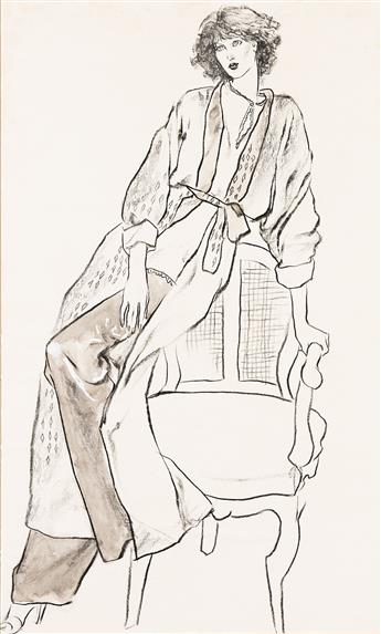 MICHAEL VOLLBRACHT (1947 - 2018) 2 fashion illustrations: sleepwear & fur coat.